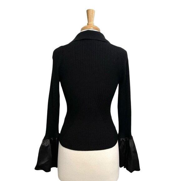 Anthropologie Maeve Satin Cuff Ribbed Polo Sweater Punk Goth Black size Small - Picture 5 of 10